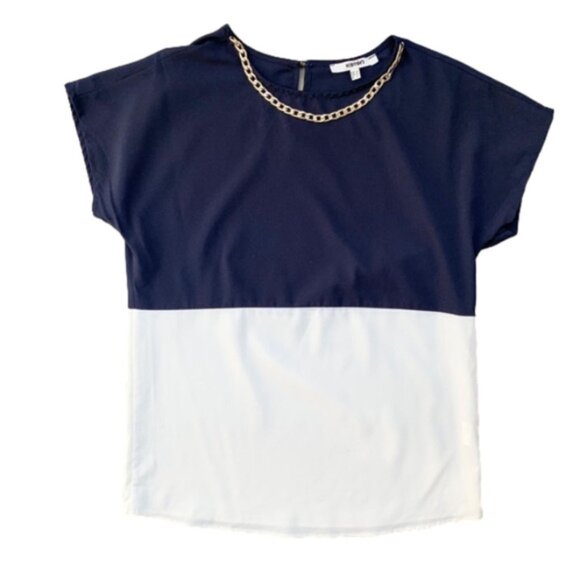 Koton Women’s Blouse Colorblock Gold Chain Short Sleeve Navy White Size 2 - Picture 2 of 12